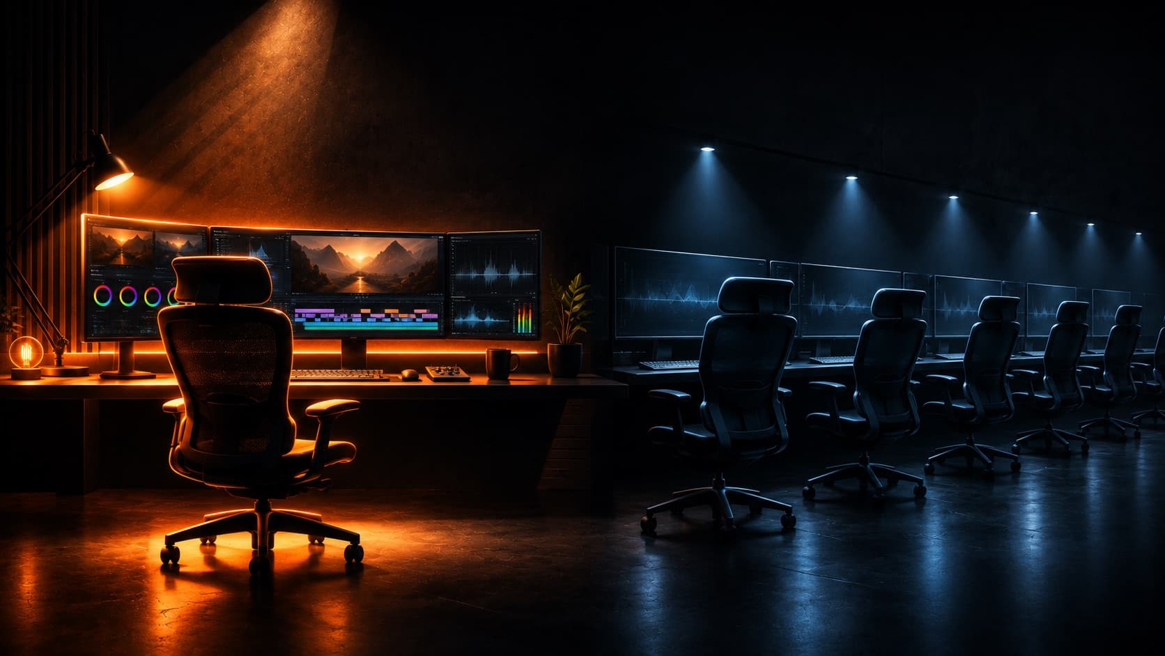 Un editor dedicado (una única silla iluminada) contrastado con un pool rotativo de editores (una fila de sillas frías e intercambiables)