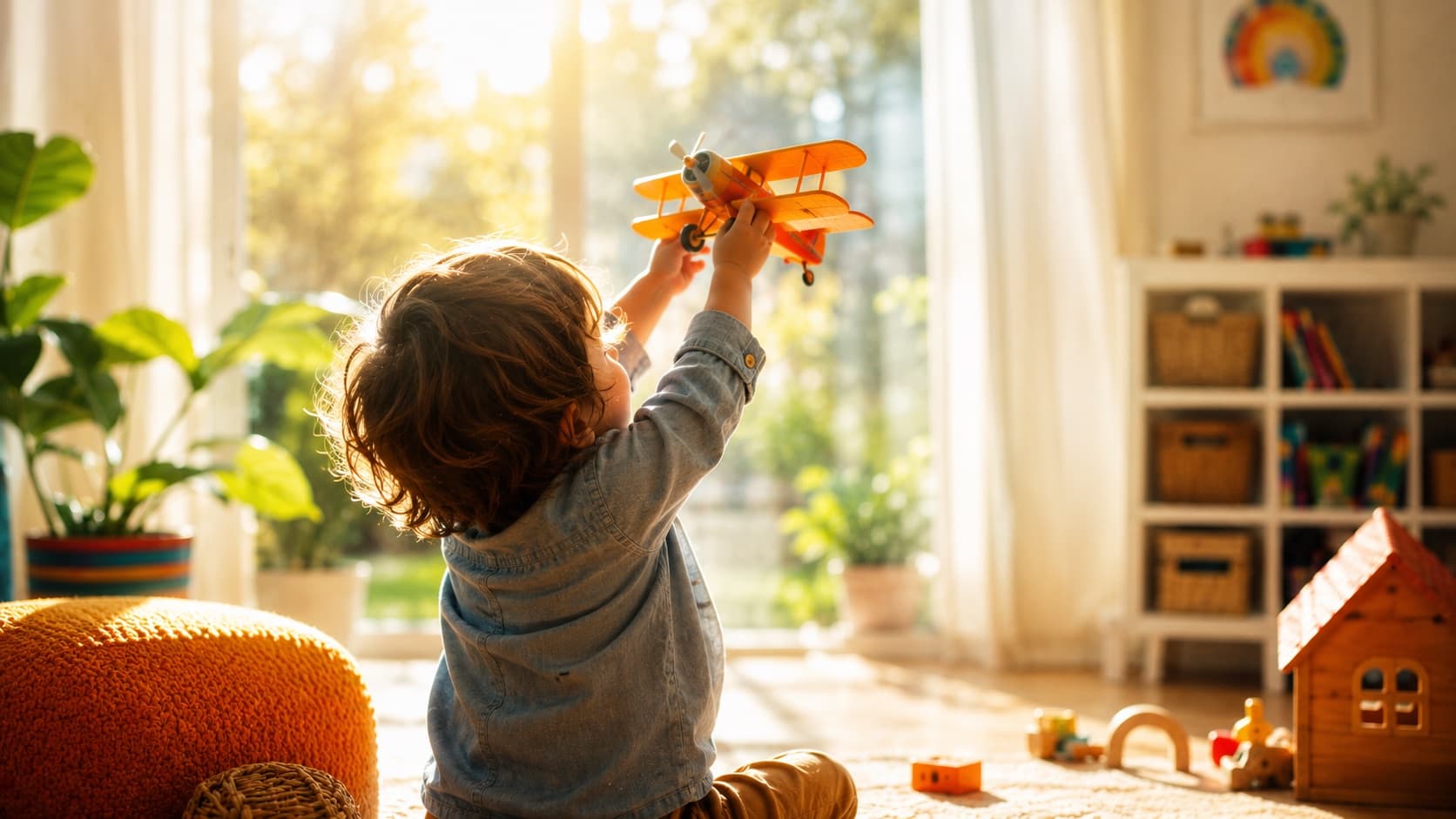 A child playing in the sunlight, delighted by a toy — happy, safe learning