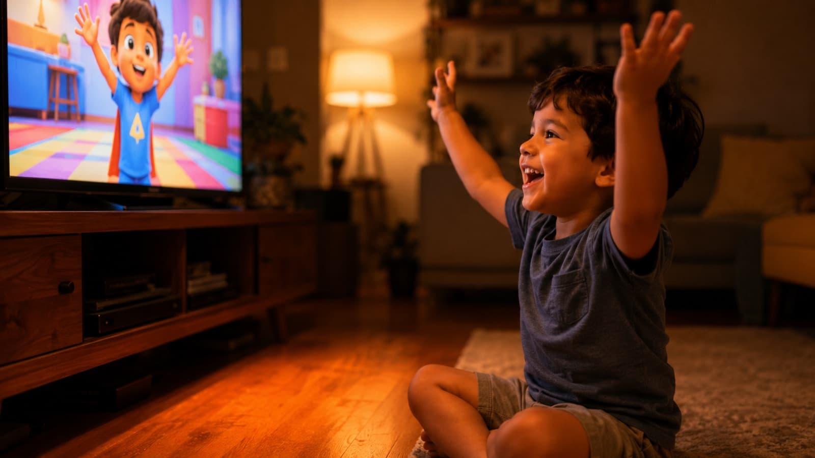 A child mimicking a character's gesture on the screen, laughing