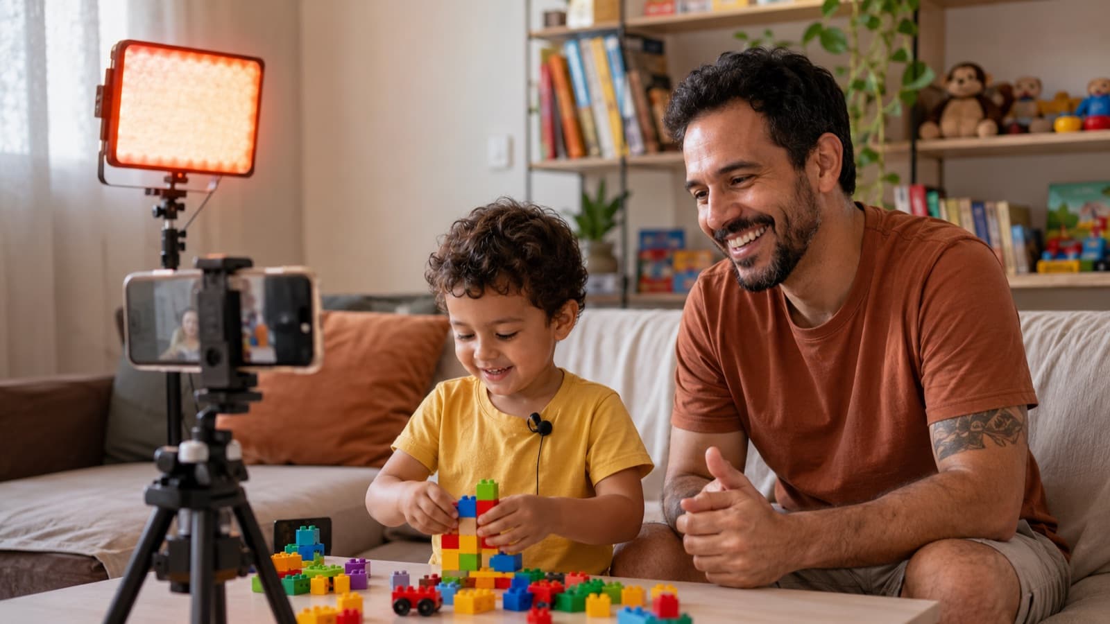 A home kids-recording setup — soft light, a lavalier microphone and a phone on a tripod